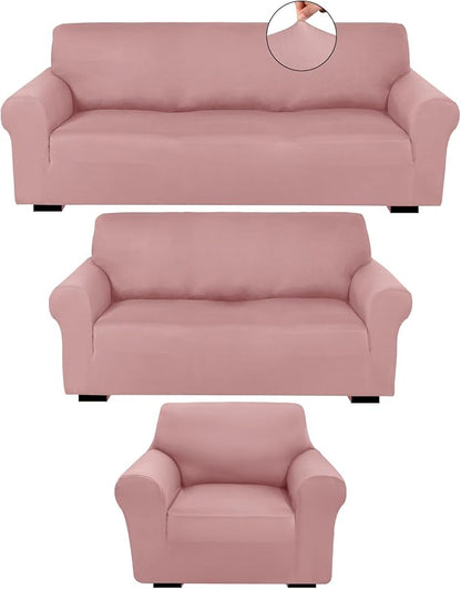 Peryiter 3 Pcs Couch and Loveseat Sofa Covers,Light Pink,Milk Silk | Armchair Covers for Living Room, Sofa Cushion Slipcover, Furniture Protector, Polyester and Spandex, Washable