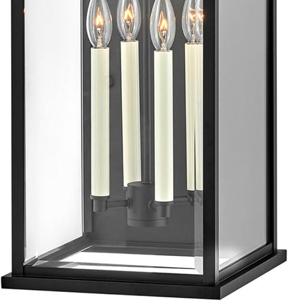 Hinkley Weymouth Large Four Light Wall Mount Lantern – Estate Series, Aluminum, Candle Sleeves, Rectangular, Clear Beveled Glass – Black Finish