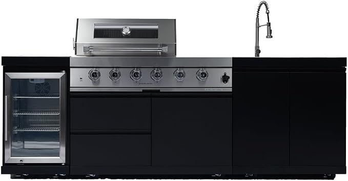 98" 4-Burner 72000 BTU Outdoor Kitchen Island,304 Stainless Steel Modular LPG BBQ Grill Combination With Granite Countertops, Storage Cabinet, Refrigerator and Sink (98"-Black&Sivler, Propane Gas)
