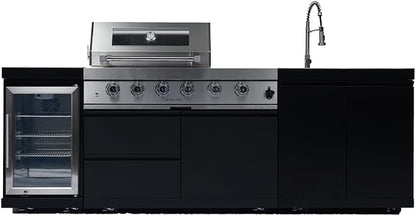 98" 4-Burner 72000 BTU Outdoor Kitchen Island,304 Stainless Steel Modular LPG BBQ Grill Combination With Granite Countertops, Storage Cabinet, Refrigerator and Sink (98"-Black&Sivler, Propane Gas)