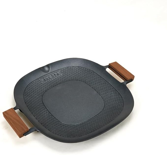 Korean Style 12.6in Grill Pan Non-stick Maifan Coated Smokeless Griddle Pan Compatible for Induction, Gas Stove, Electric Cooktop Stovetop Plate Indoor or Outdoor BBQ (Square with Wood Handle)