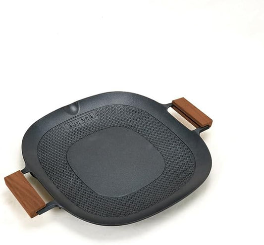 Korean Style 12.6in Grill Pan Non-stick Maifan Coated Smokeless Griddle Pan Compatible for Induction, Gas Stove, Electric Cooktop Stovetop Plate Indoor or Outdoor BBQ (Square with Wood Handle)