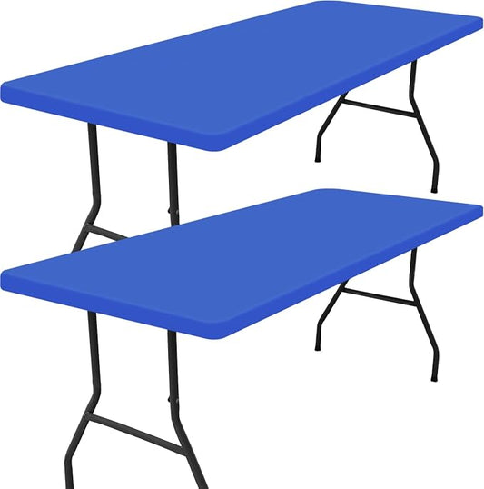 Smiry 2 Pack Rectangle Tablecloth, Elastic Fitted Flannel Backed Vinyl Tablecloths for 4ft Folding Tables, Waterproof Wipeable Table Covers for Outdoor, Indoor, Camping and Picnic (Blue, 24"x48")