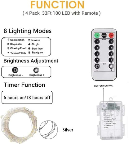 33FT 100 LED Fairy Lights Battery Operated with Remote and Timer Cool White | Remote Control, 8 Modes, Timer, Adjustable brightness, Waterproof Lights for Indoor Outdoor Classroom Christmas Decor