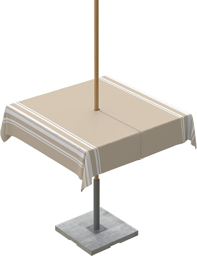 QueenKer Outdoor Tablecloth with Umbrella Hole, Khaki and White Stripe Square Tables Waterproof Tabletop Collection for Patio, Garden, Picnic, Camping, Dining 54 x 54 inch