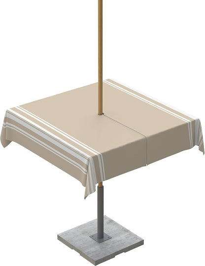 QueenKer Outdoor Tablecloth with Umbrella Hole, Khaki and White Stripe Square Tables Waterproof Tabletop Collection for Patio, Garden, Picnic, Camping, Dining 60 x 60 inch