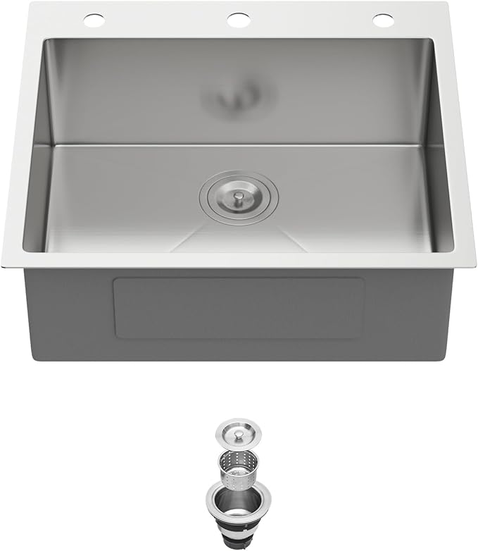25 Inch Drop In Kitchen Sink 25 x 22 Kitchen Sink 18 Gauge Stainless Steel Single Bowl Topmount Handmade Sink, 25x22x8
