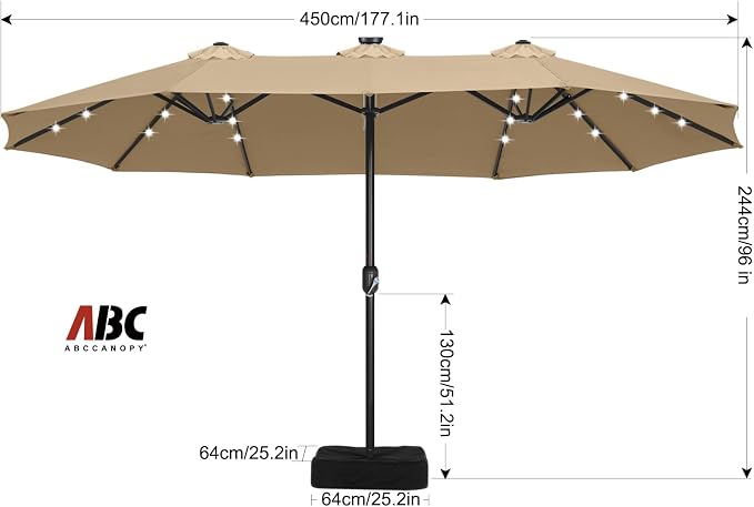 ABCCANOPY 15FT Solar LED Double-Sided Umbrella with Base, Khaki | Rectangular Outdoor Table Umbrella with Crank, Heavy Duty Market Umbrella Shade for Garden,Poolside, Lawn, Backyard