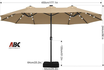 ABCCANOPY 15FT Solar LED Double-Sided Umbrella with Base, Khaki | Rectangular Outdoor Table Umbrella with Crank, Heavy Duty Market Umbrella Shade for Garden,Poolside, Lawn, Backyard