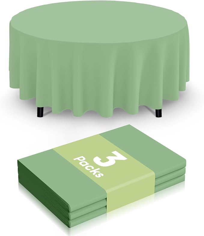 Smiry Disposable Table Cloth 3 Pack, 84 Inch Round Waterproof Plastic Tablecloth, Decorative Round Table Covers for Party, Birthday, Picnic, Sage Green