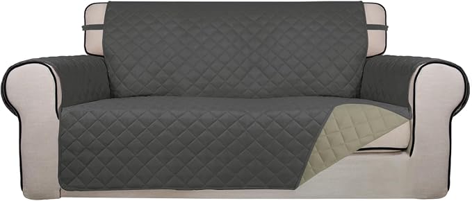 PureFit Reversible Quilted Couch Covers for Dogs Loveseat Sofa Cover 54" | Dark Gray/Beige, Water Resistant Couch Protector, Washable Pet Couch Cover with Non Slip and Elastic Straps For Kids