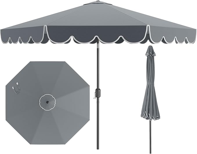 Tangkula 10 FT Patio Umbrella, 2-Tiers Scalloped Outdoor Table Market Umbrella with Tilt Adjustment, Crank, 8 Sturdy Ribs for Pool, Deck, Backyard (Gray)