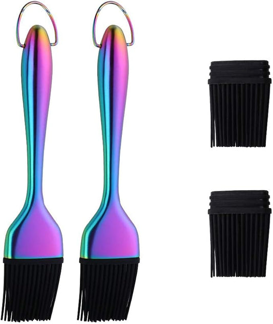 2 Pack Grill Basting Brush with 2 Pack Back Up Silicone Brush Heads, No Shed Bristles Stainless Steel Handles Heatproof Rust Resistant, Pastry Brushes for Kitchen Cooking BBQ (Rainbow Color)