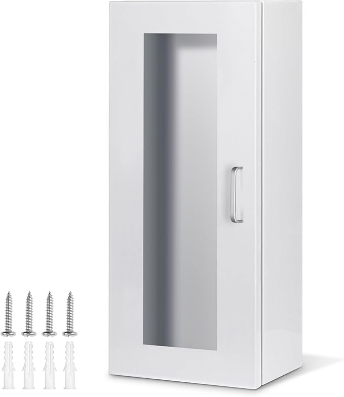 Fire Extinguisher Cabinet Wall with Magnetic Door & Handle for 5-12 pounds Extinguisher, 23.6" H x 10.2" W x 6.7"D White Steel Fire Extinguisher Mount for Indoor Outdoor with Full Clear Acrylic Door