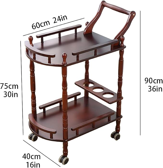 Entertainment Kitchen Cart, Midcentury Modern Imported rubberwood Brown Finished Wood 2-Tier Mobile Bar Cart Serving Cart