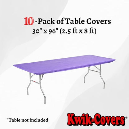 10 Pack of Rectangular Plastic Table Covers - 6' Foot or 8' Foot Options - Indoor or Outdoor Fitted Table Covers (Table NOT Included) (Purple, 30" x 96" (8' ft))