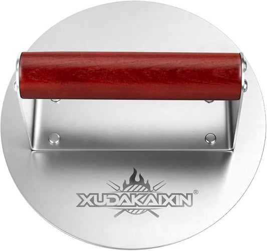 XUDAKAIXIN Stainless Steel Smash Burger Press 6.3",Hamburger Smasher Tool,BBQ Griddle Accessories for Hamburger, Steak, Meat,Perfect for Blackstone, Camp Chef, & Indoor Griddles (Round)