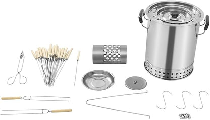 Portable Smokeless Barbecue Charcoal Barrel Grill, Stainless Steel Mini Charcoal BBQ Stove with 16 Skewers, Hanging kebab Surround Barrel BBQ Cooker, 10"x11.8" for Travel Camping Patio Picnic