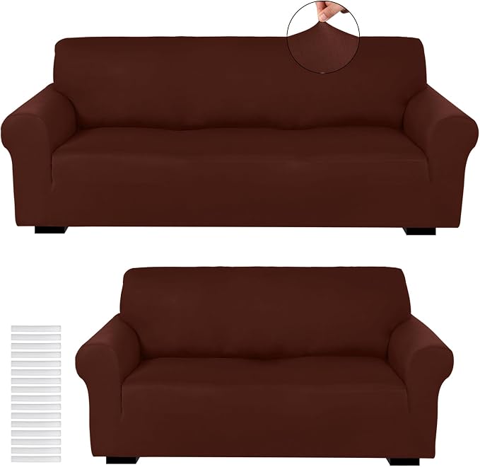 Peryiter 2 Pcs Couch and Loveseat Sofa Covers,Brown,Milk Silk | Armchair Covers for Living Room, Sofa Cushion Slipcover 2/3 Seater, Furniture Protector, Polyester and Spandex, Washable