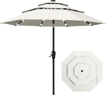 ABCCANOPY 3-Tiers 11FT Solar Patio Umbrella, Outdoor Umbrella with 32 LED Lights for for Deck, Pool, Garden, Backyard (Light Beige)