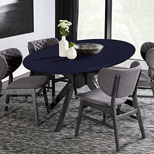 LUSHVIDA Round Waterproof Table Cover Elastic Vinyl Fitted Tablecloth Elastic Edged Plastic Table Cloth (Navy, Best for Up to 57"-68" Round)