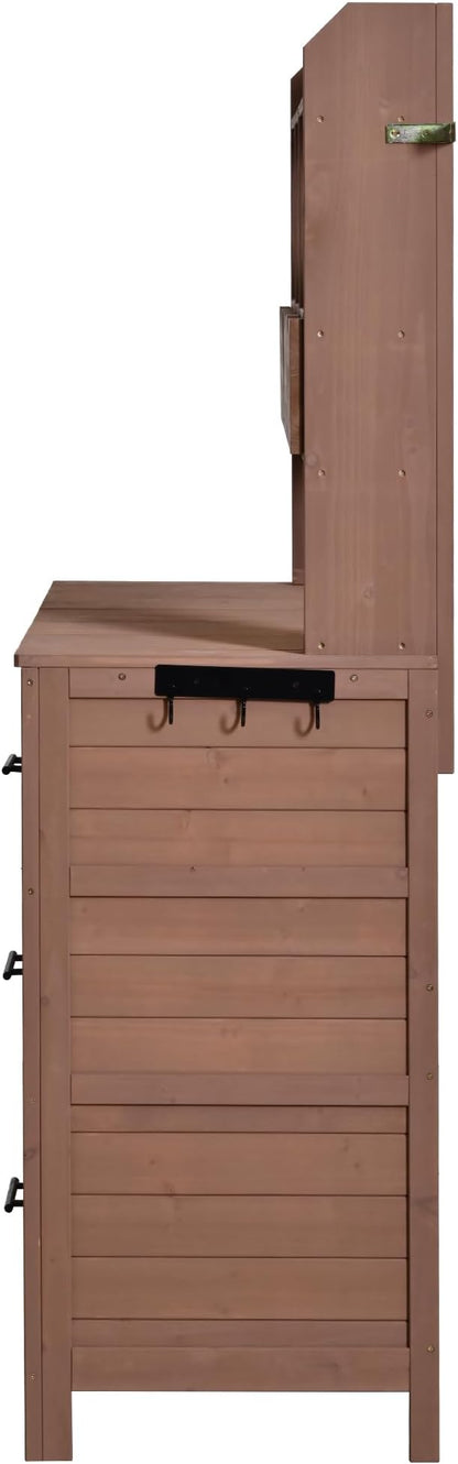 Merax Farmhouse Potting Bench with 6 Drawers, 44.6” Large Garden Workstation, Outdoor Kitchen Island with Bottom Cabinet & Hooks, Freestanding Patio Furniture,Brown
