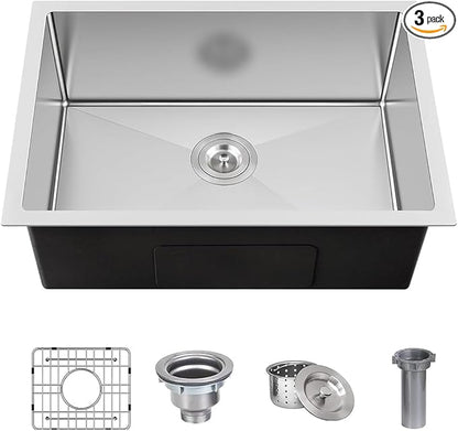 24 x 18 Inch Undermount Kitchen Bar Sink, Handmade Single Bowl 304 Stainless Steel Wet RV Sinks, Indoor and Outdoor Deep Kitchen Laundry Basin with Accessories