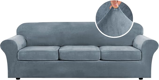 H.VERSAILTEX Velvet 4 Piece High Stretch Sofa Slipcover Cover Furniture Protector Form Fit Luxury Thick Velvet Extra Large Sofa Cover for 3 Cushion Couch Width Up to 105 Inch(XL Sofa, Stone Blue)