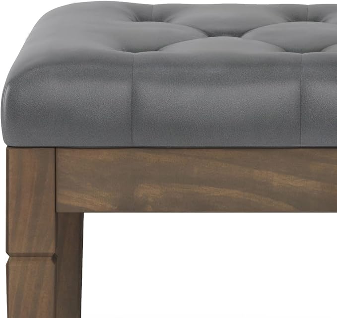 SIMPLIHOME Dahlia 18" x 46" Solid Wood Outdoor Indoor Bench in Taupe | Traditional tufted ottoman bench with carved legs; ideal bedroom or living room footstool or footrest.
