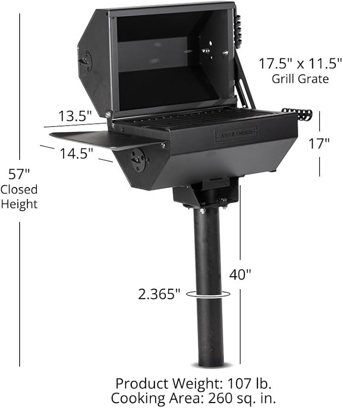 Ash & Ember Park-Style Grill/Smoker, 260 Sq In Charcoal Grill with Cover, 17.5"x11.5" Grate, Side Shelf for Food Prep, Single Post Permanent Park-Style Grill for Outdoor Backyard BBQ