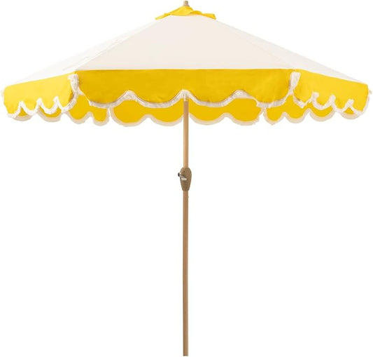 Tempera 9ft Scalloped Patio Umbrellas with Fringe, Market Umbrellas with Water-Resistant and Fade Resistant Canopy, 1.5" Wood Pole & Button Tilt.
