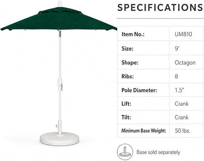 Treasure Garden 9ft Patio Umbrella - Outdoor Furniture Market Umbrella – Deluxe Auto-Tilt – White Aluminum Frame (Sunbrella, Forest Green)