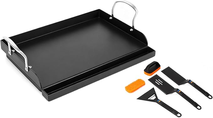 QuliMetal 17" x 13" Cast Iron Grill Griddle Kit, Pre-Seasoned Flat Top Griddle Plate with Scratch-Safe Tools, Universal Outdoor Griddle for Gas and Charcoal Grills, Camping, BBQ and Tailgating