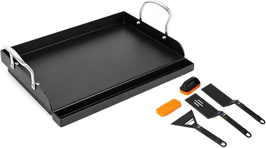 QuliMetal 17" x 13" Cast Iron Grill Griddle Kit, Pre-Seasoned Flat Top Griddle Plate with Scratch-Safe Tools, Universal Outdoor Griddle for Gas and Charcoal Grills, Camping, BBQ and Tailgating