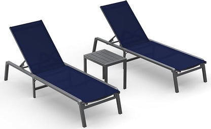 Ciokea Aluminum Foldable Lounge Chairs Set of 2 with 1 Outdoor Aluminum Side Table ，Perfect Match ，Suitable for Courtyard, Balcony, Lawn and Other Scene,Navy Blue