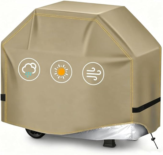 BBQ Gas Grill Cover for Outdoor, Anti-UV, Rip-Proof, 600D Oxford Fade Resistant Material, Barbecue Cover with Hook and Loop Straps & Adjustable Hem Drawstring (Beige, 32”x26”x43”)