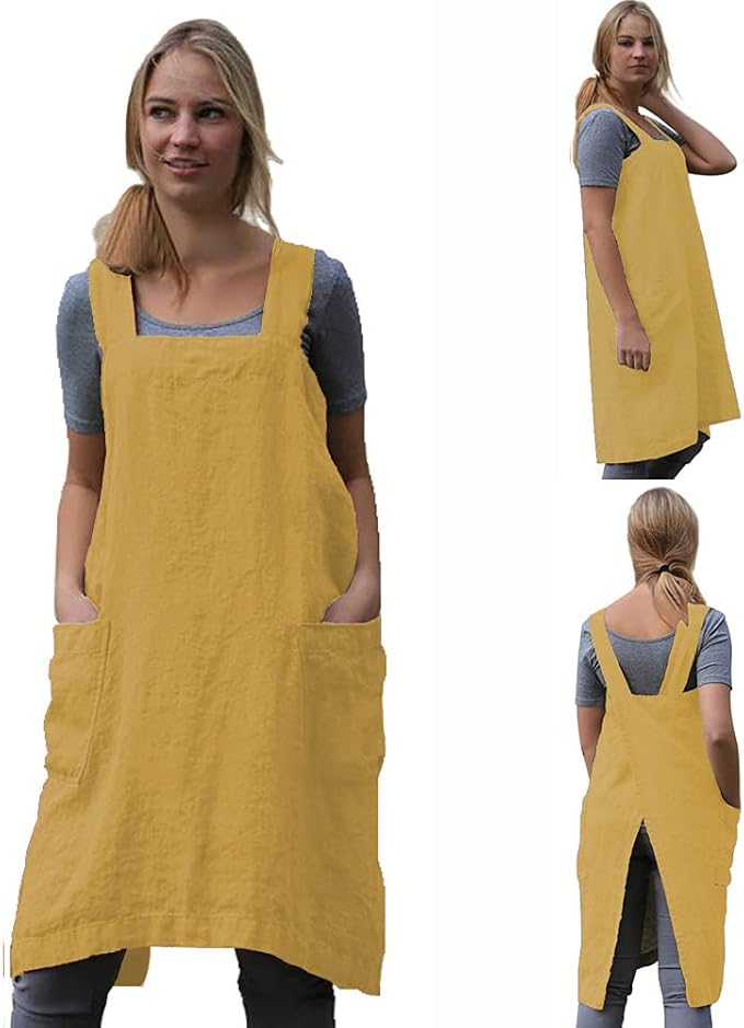 TBA Cotton Linen Apron Cross Back Apron for Women with Big Pockets Square Pinafore Dress for Baking Cooking BBQ & Grill
