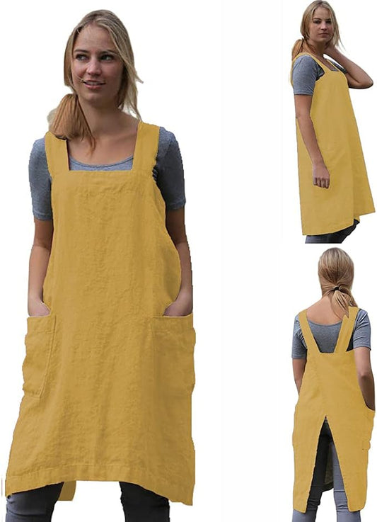 TBA Cotton Linen Apron Cross Back Apron for Women with Big Pockets Square Pinafore Dress for Baking Cooking BBQ & Grill