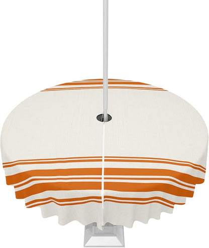 Queenker Fall Outdoor Tablecloth with Umbrella Hole, Farmhouse Orange Stripe Round Tables Zippered Table Cloth Waterproof Tabletop Cover Collection for Patio, Garden, Picnic, Camping, Dining, Dining