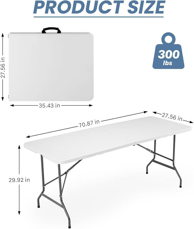 Sweetcrispy 6 FT Folding Picnic Table Easy to Fold and Store, Foldable Table for Camping Picnic Dining Party Kitchen Outdoor Indoor with Carrying Handle