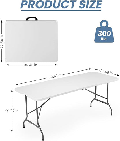 Sweetcrispy 6 FT Folding Picnic Table Easy to Fold and Store, Foldable Table for Camping Picnic Dining Party Kitchen Outdoor Indoor with Carrying Handle
