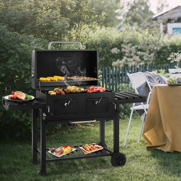 Charcoal Grill Outdoor BBQ Grill, Extra Large Cooking Area 520 Square Inches with Two Individual & Adjustable Charcoal Tray, Foldable Side Tables for Barbecue Outdoor Cooking Backyard Camping Picnics