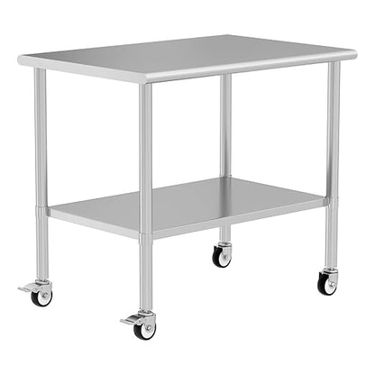 Stainless Steel Table with Wheels 30" x 48" Utility Worktable with Adjustable Undershelf for Commercial Kitchen, Garage, Restaurant