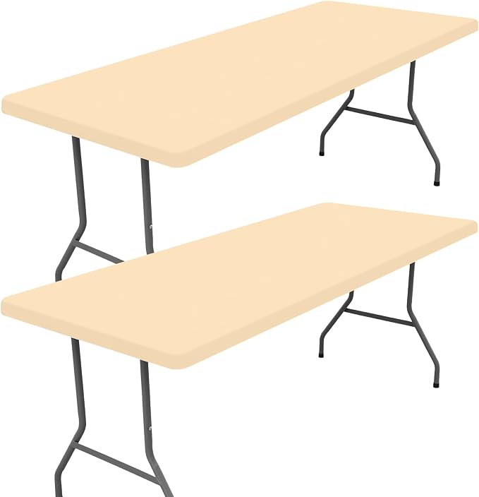 Moosfor 2 Pack Rectangle Spandex Fitted Table Cloth, 8FT Elastic Tablecloth | Washable Picnic Table Cover, Stretch Waterproof Table cloths for Party, Patio, Dining, Kitchen, 30" x 96", Ivory