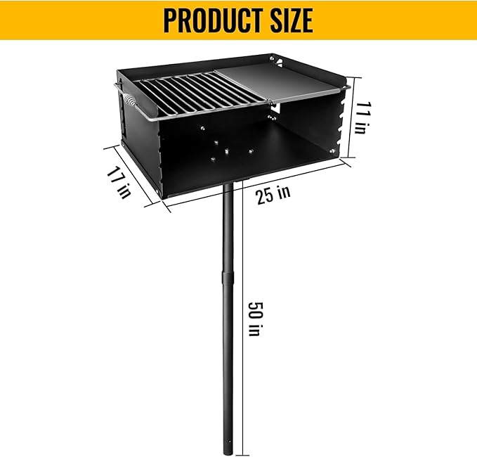 Park Style Charcoal Grill with Cooking Grate, Heavy Duty Carbon Steel Outdoor BBQ Grill with Plate, Single Post Park Grill for Camping, Backyard and Cooking (25 x 17 x 11 Inch)