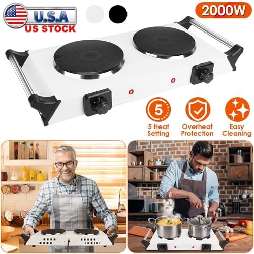 2000W Portable Electric Double Burner Hot Plate, Countertop Coil Heating Stove with 5 Temperature Control & Carry Handles for Home Kitchen RV Camping Use (white)
