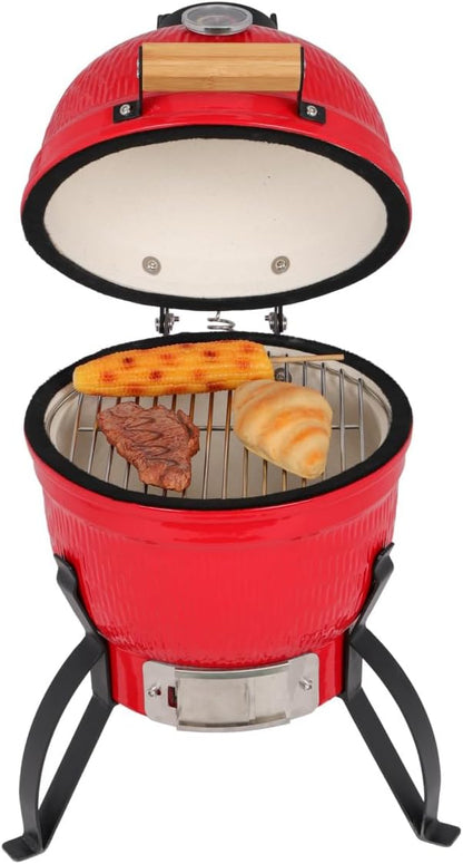 13in Round Ceramic Grill,Charcoal Grill BBQ Grill,Portable Barbecue Grill with Thermometer and Stainless Steel Grate,Orange