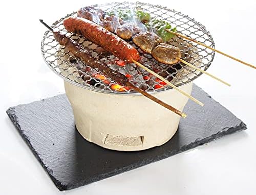 Clay Charcoal Barbecue Grill, Outdoor Table Grill with Stainless Steel Barbecue Net, Old Fashioned Clay Stove for Party Camping Picnic Carbon Furnace,Brown, White