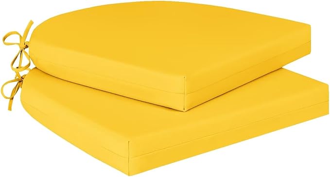 Cozyide Outdoor Chair Cushions, Waterproof Patio Seat Cushions with Adjustable Straps, Round Corner Patio Chair Cushions for Garden, Yellow, 17x16x2 Inch (Pack of 2)