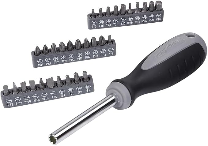 Amazon Basics 65 Piece Home Repair Tool Kit Set With Carrying Bag, Hand Tools, Socket Set, SAE and Metric, Silver, Black